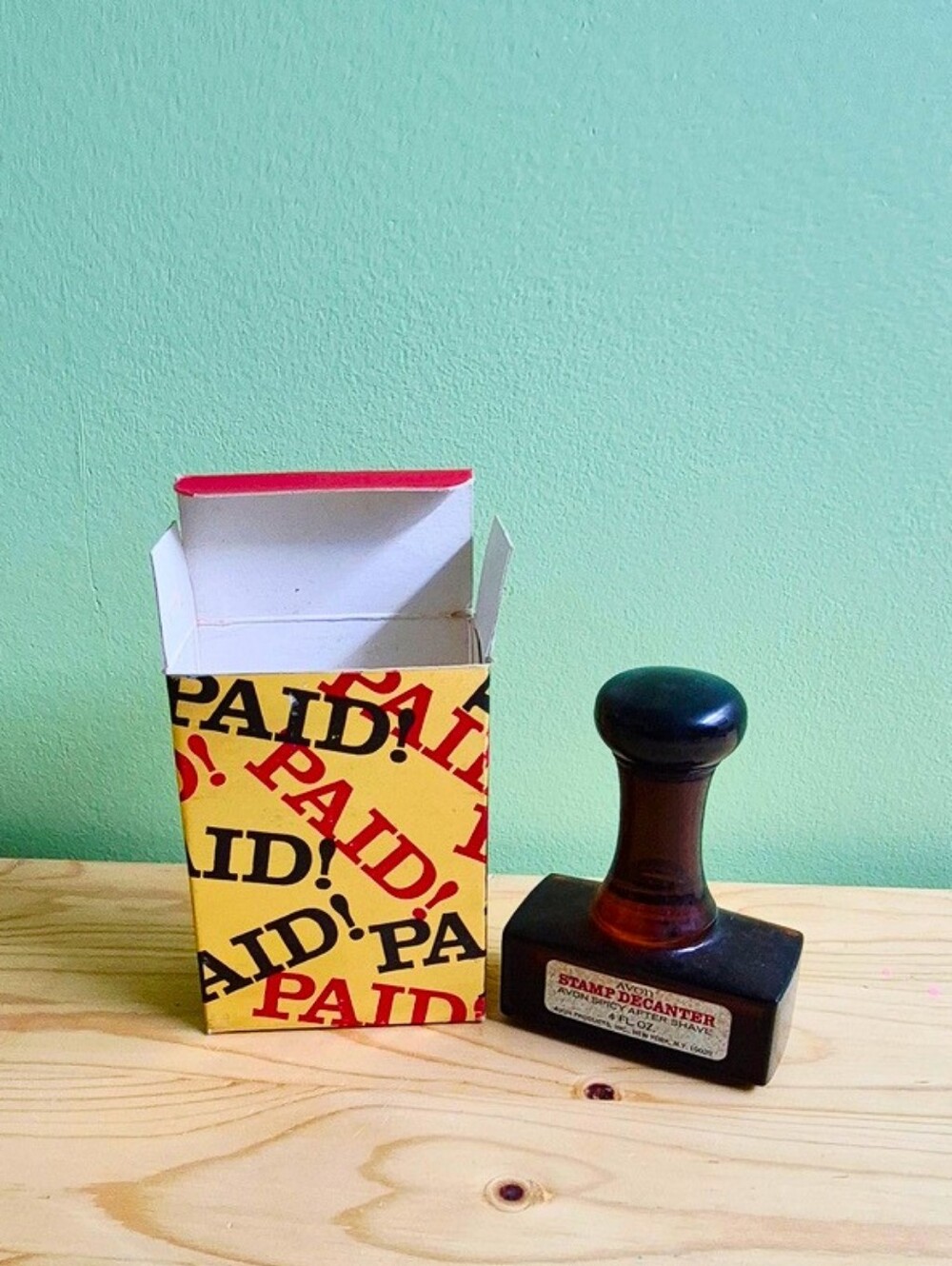 Vintage 1970s Avon "PAID" Stamp Decanter - Spicy After Shave - with Original Box
